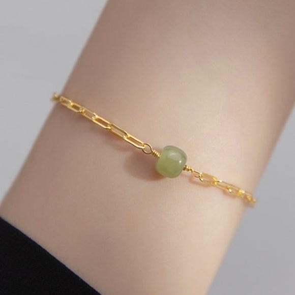 18k Gold Plating Over 925 Sterling Silver Natural Jade Link Bracelet - Picture 2 of 5